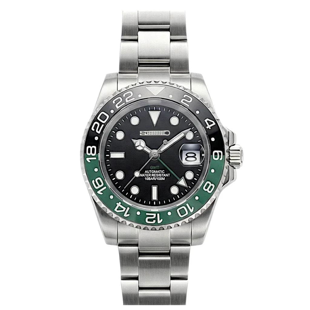 SeikMariner GMT Seiko Mod with green ceramic bezel and black dial by Modtime Creations
