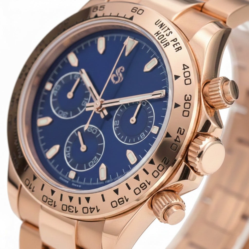 Seitona rose gold Seiko mod watch with dark blue dial and chronograph features