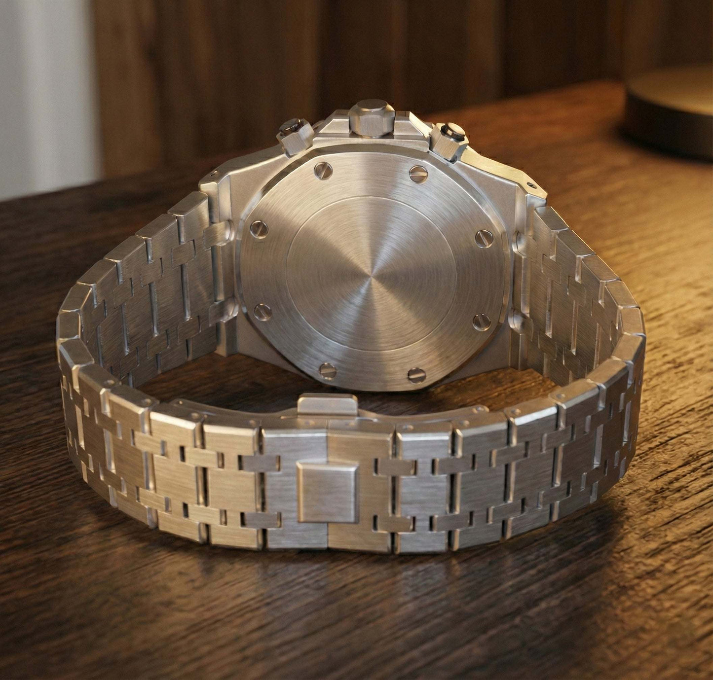 Modded Seiko Heritage Oak Chronograph with white dial and stainless steel bracelet