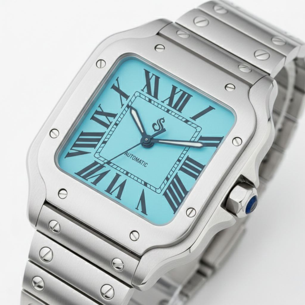 Santeiko Silver Case Tiff Blue Seiko Mod watch with classic dial and sapphire glass by Modtime Creations