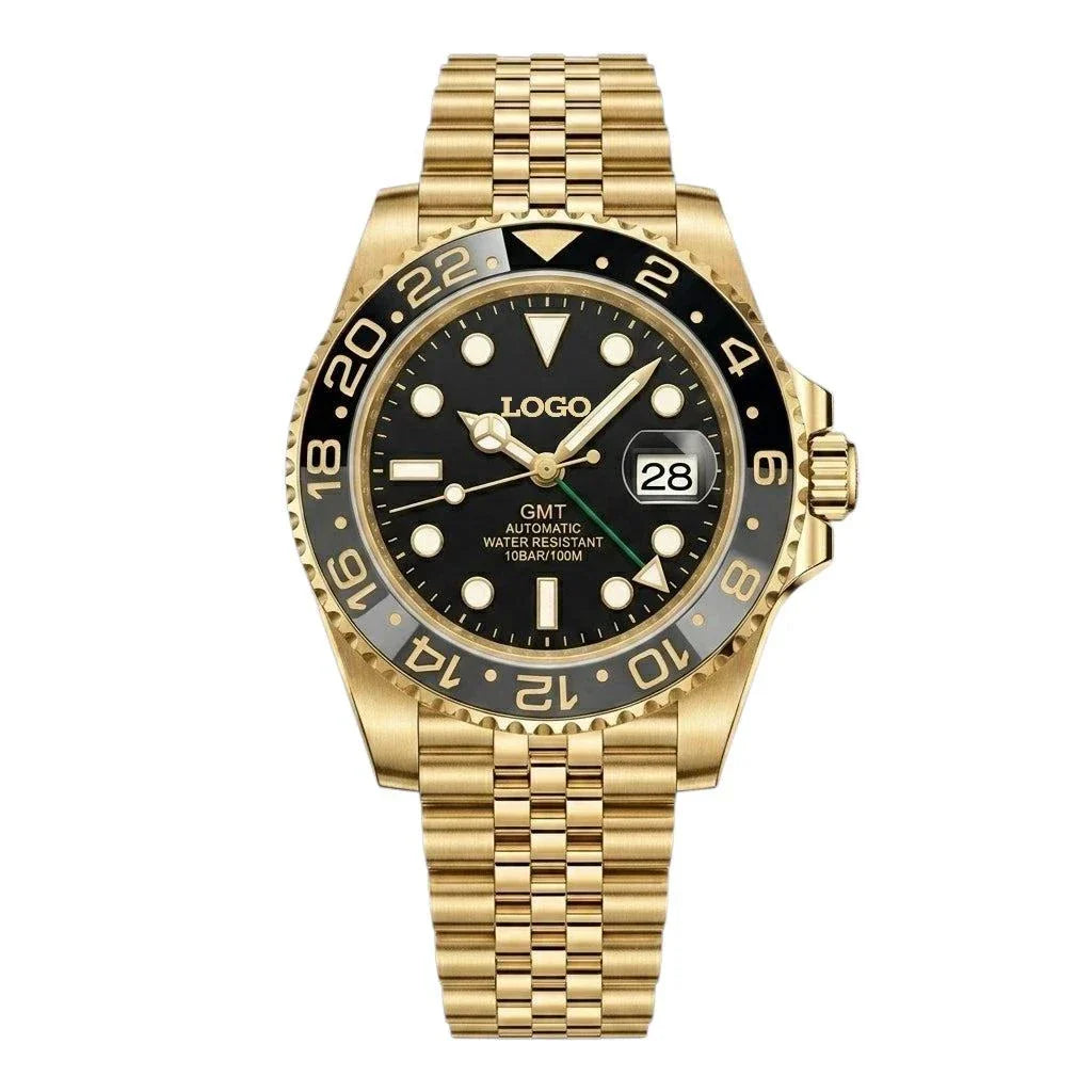 Seiko Mod GMT watch with ceramic bezel and stainless steel bracelet - Modtime Creations