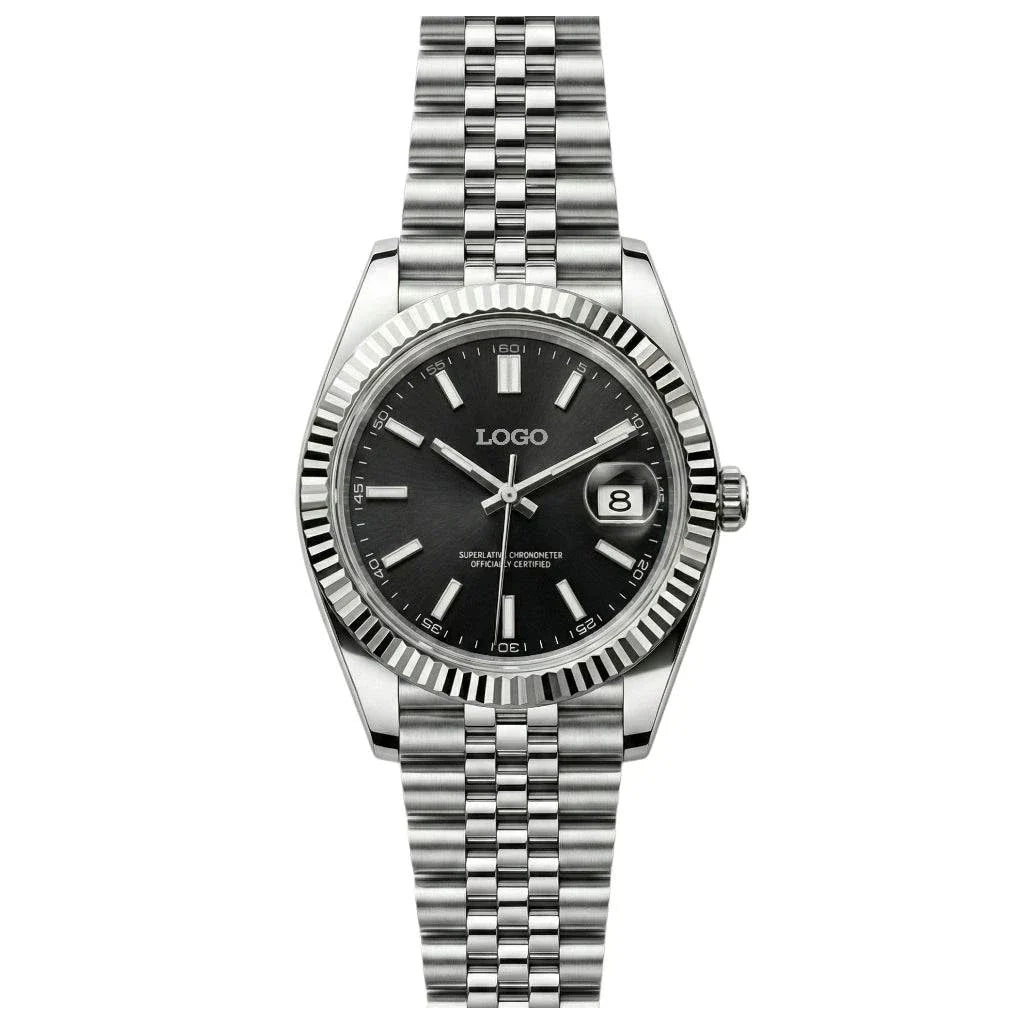 SeikJust black dial Seiko mod watch with date window and stainless steel case by Modtime Creations