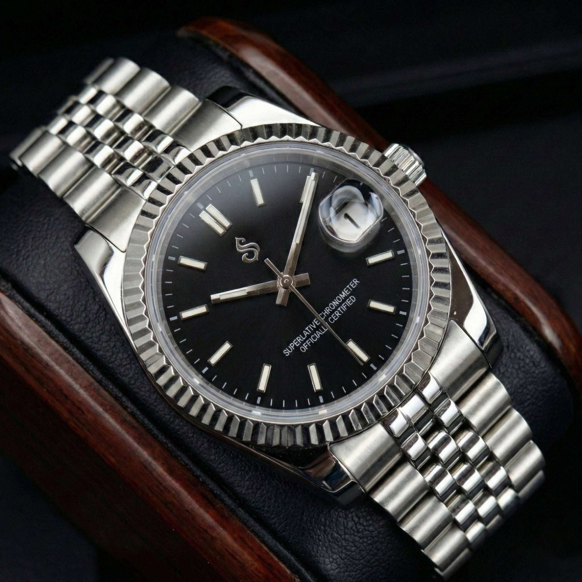 Seiko mod luxury watch with black dial and date window by Modtime Creations