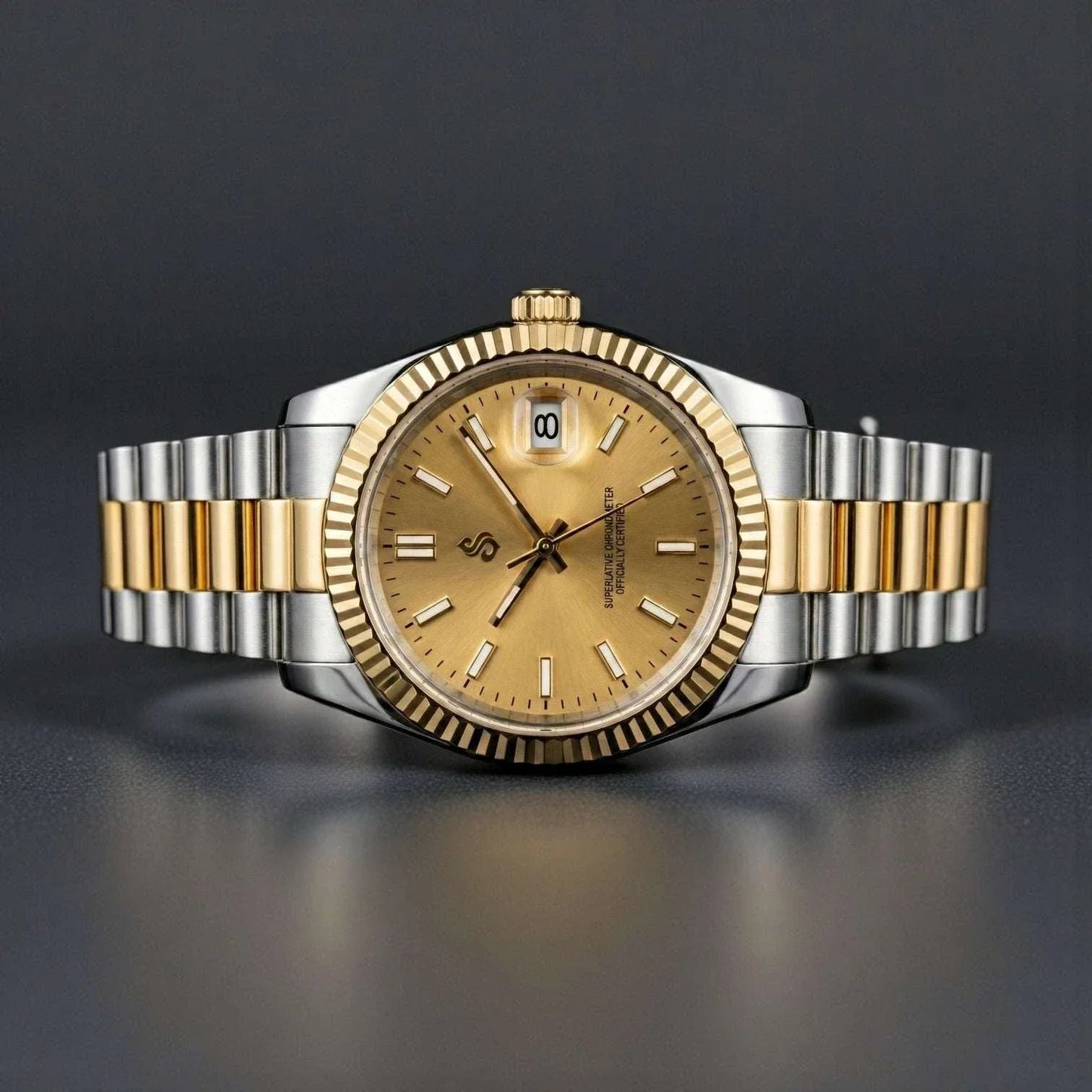 Seiko Mod two-tone gold date window watch by Modtime Creations with NH35 automatic movement and sapphire crystal