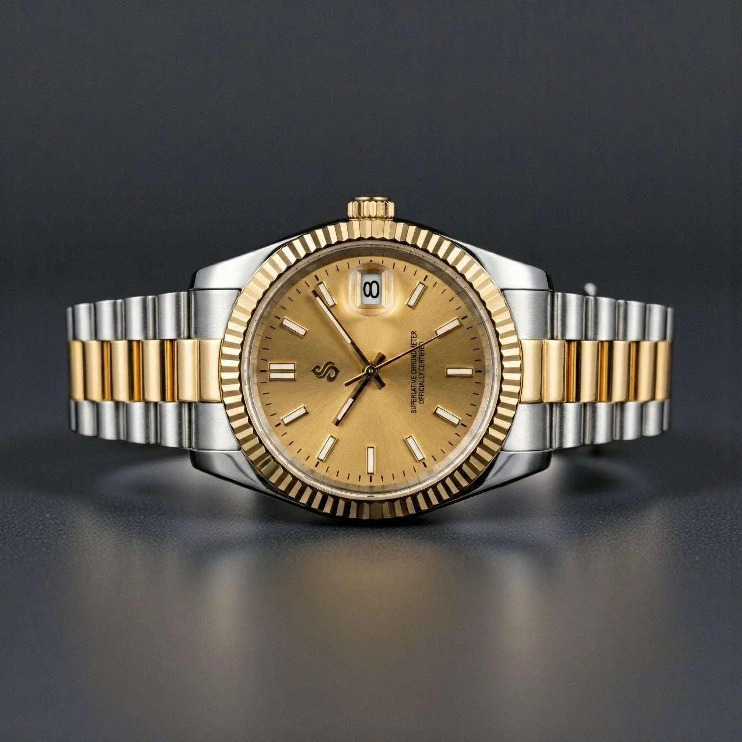 Seiko Mod two-tone gold date window watch by Modtime Creations with NH35 automatic movement and sapphire crystal