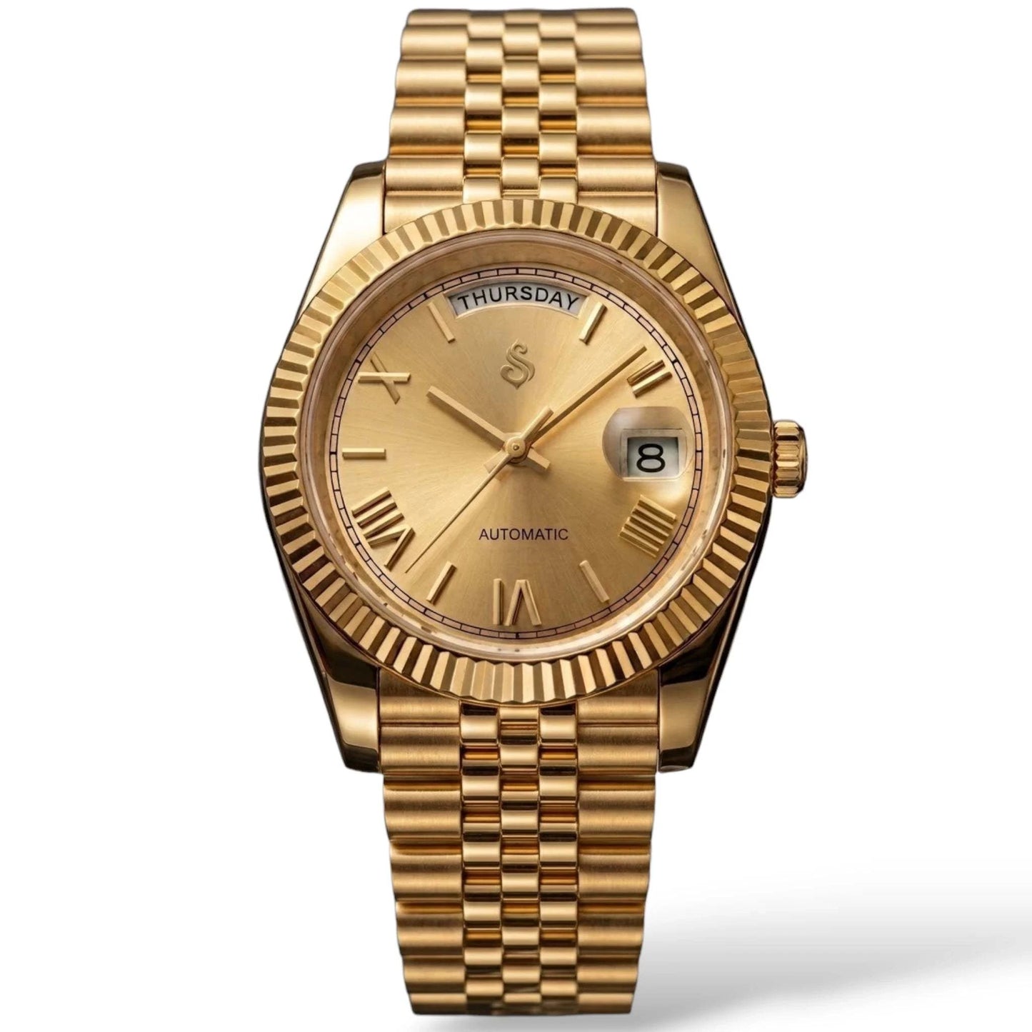 Seiko Mod Daydate Homage watch with gold Roman numerals, day and date display, and sapphire crystal dial by Modtime Creations 