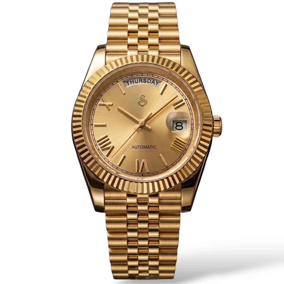 Seiko Mod Daydate Homage watch with gold Roman numerals, day and date display, and sapphire crystal dial by Modtime Creations 