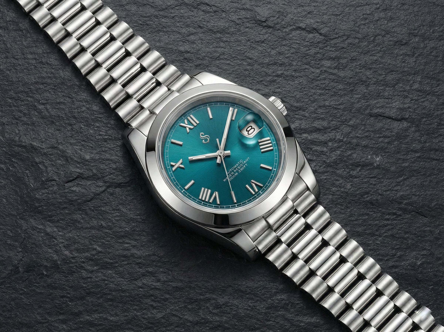 SeikJust blue dial Seiko Mod watch with date window and Roman numerals by Modtime Creations