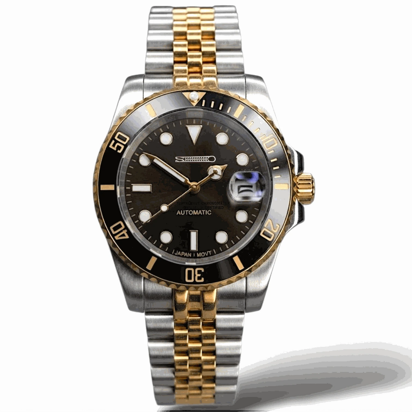 Seiko Mod Watches Submariner Black Gold two-tone diver watch with sapphire crystal and stainless steel case