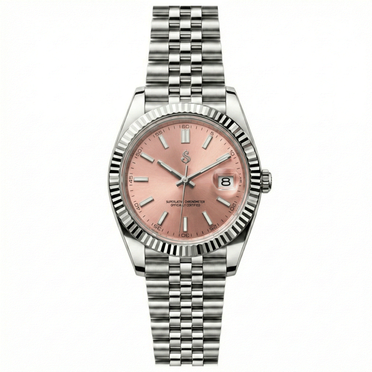 SeikJust Date Window watch with pink salmon dial featuring NH35 automatic movement and stainless steel case by Modtime Creations Seiko Mod