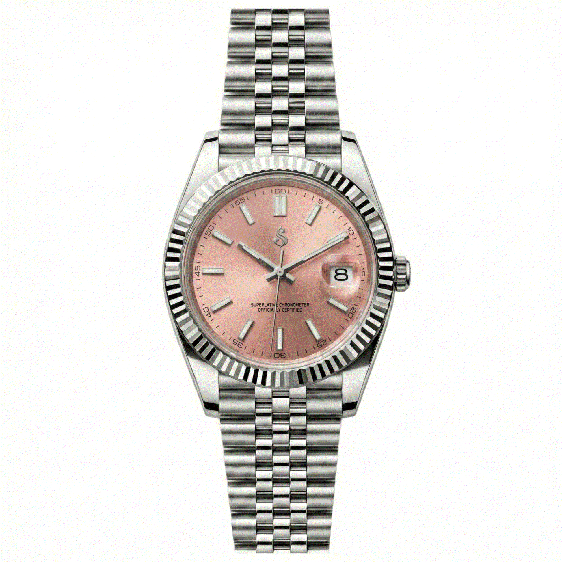 SeikJust Date Window watch with pink salmon dial featuring NH35 automatic movement and stainless steel case by Modtime Creations Seiko Mod