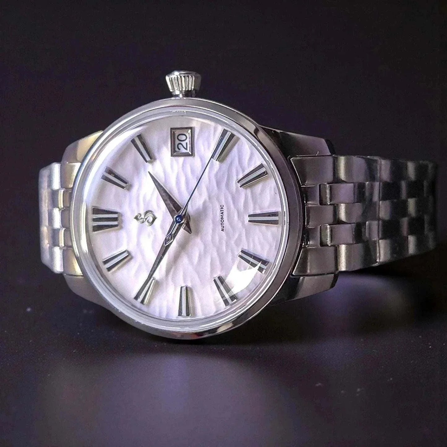 Ladies 33mm Grand Presage Fusion Seiko Mod watch with textured white dial and sapphire crystal
