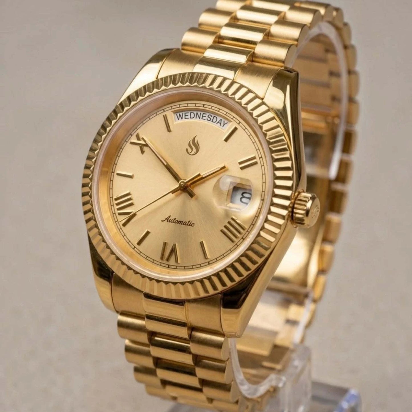 Gold Day & Date Roman Numerals Dial Mod Watch - Modtime Creations