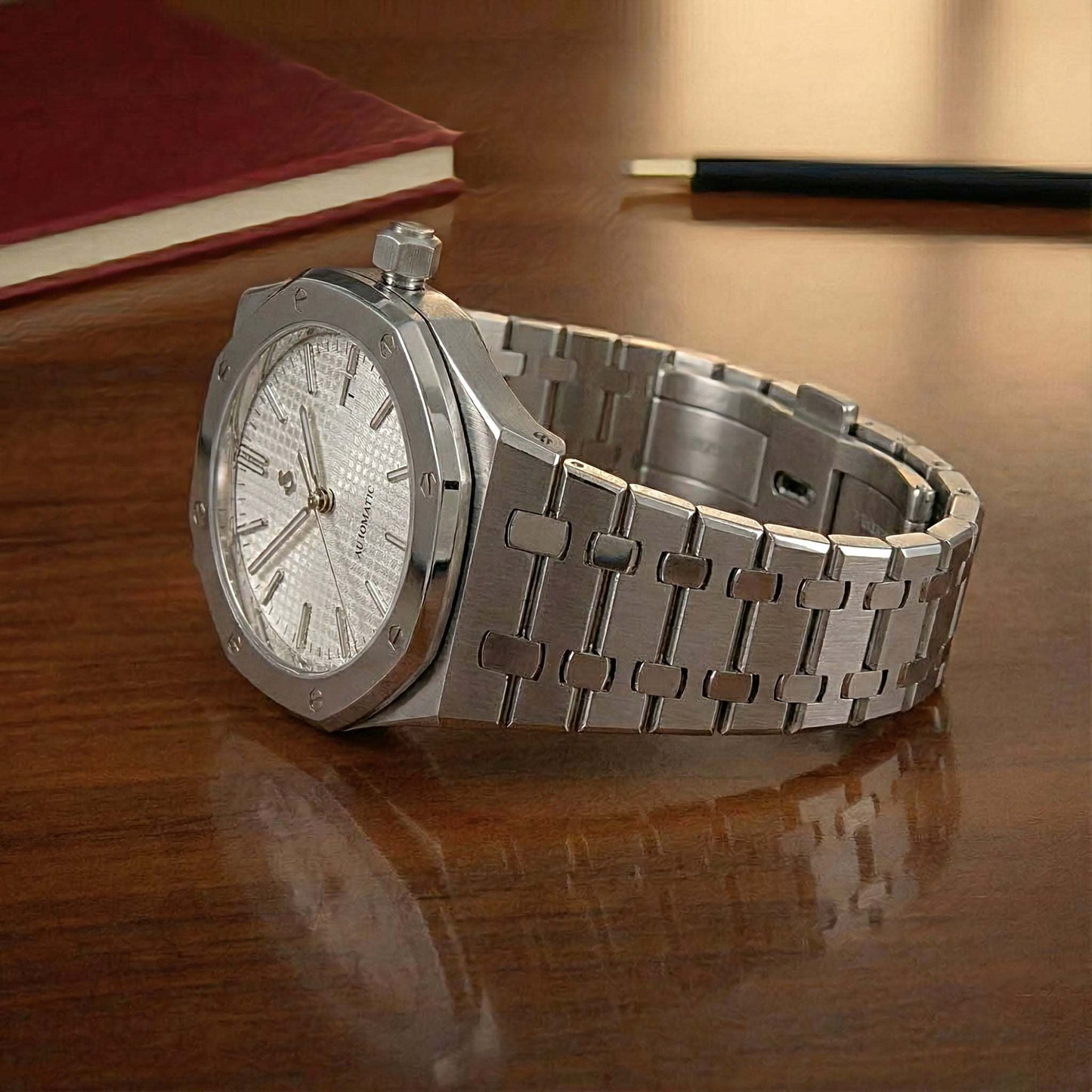 Seiko Mod Heritage Oak luxury watch with white dial and stainless steel case by Modtime Creations