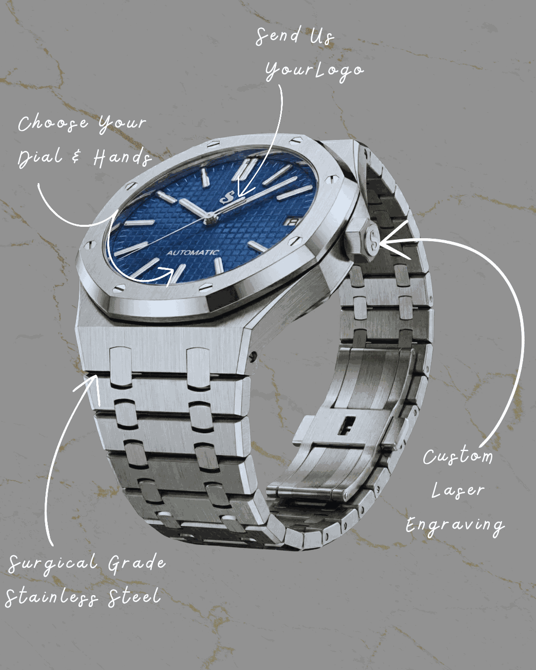 Heritage Oak Modded Seiko chronograph watch with green dial and stainless steel bracelet