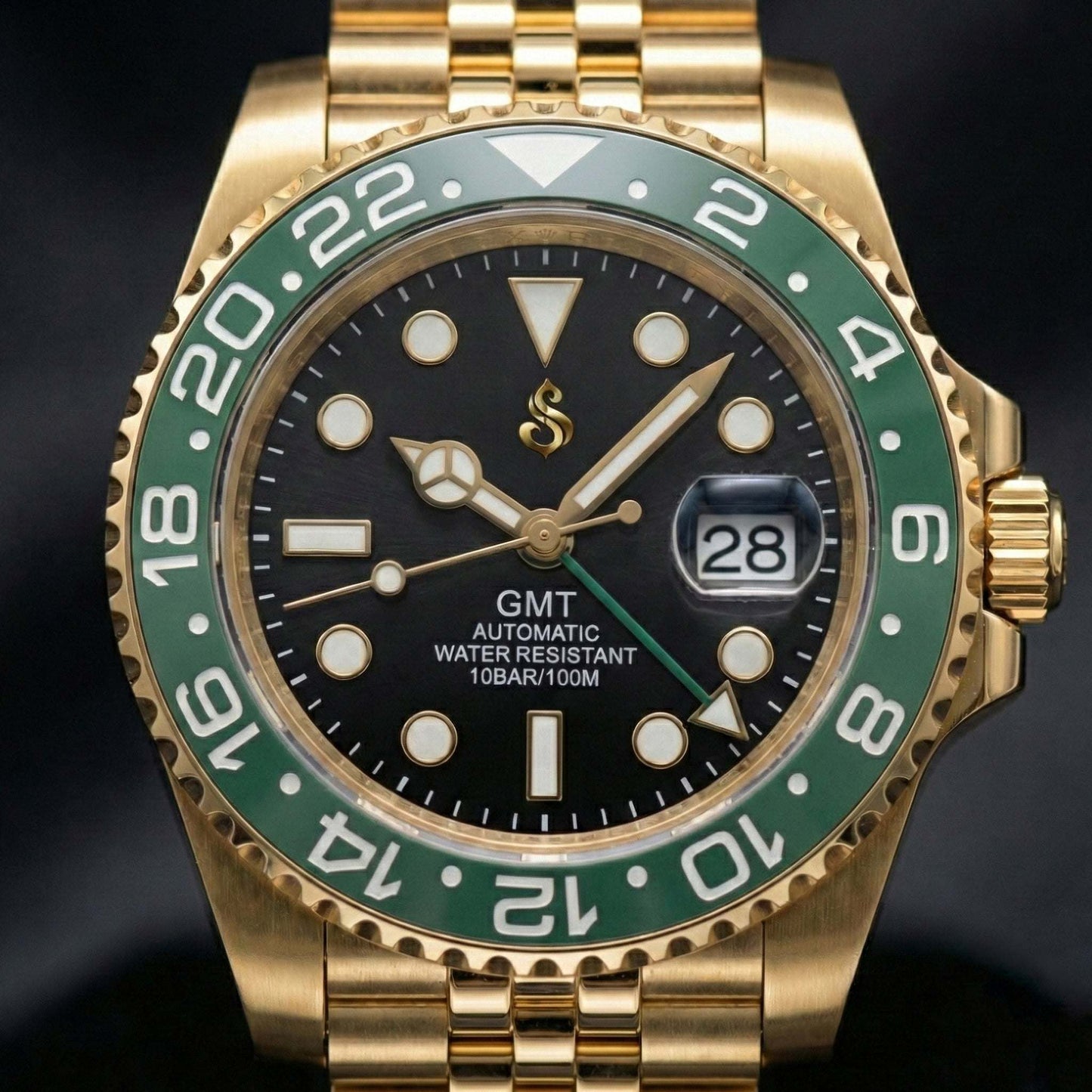 SeikMariner GMT gold Starbucks mod watch with black dial and stainless steel bracelet Seiko Mod by Modtime