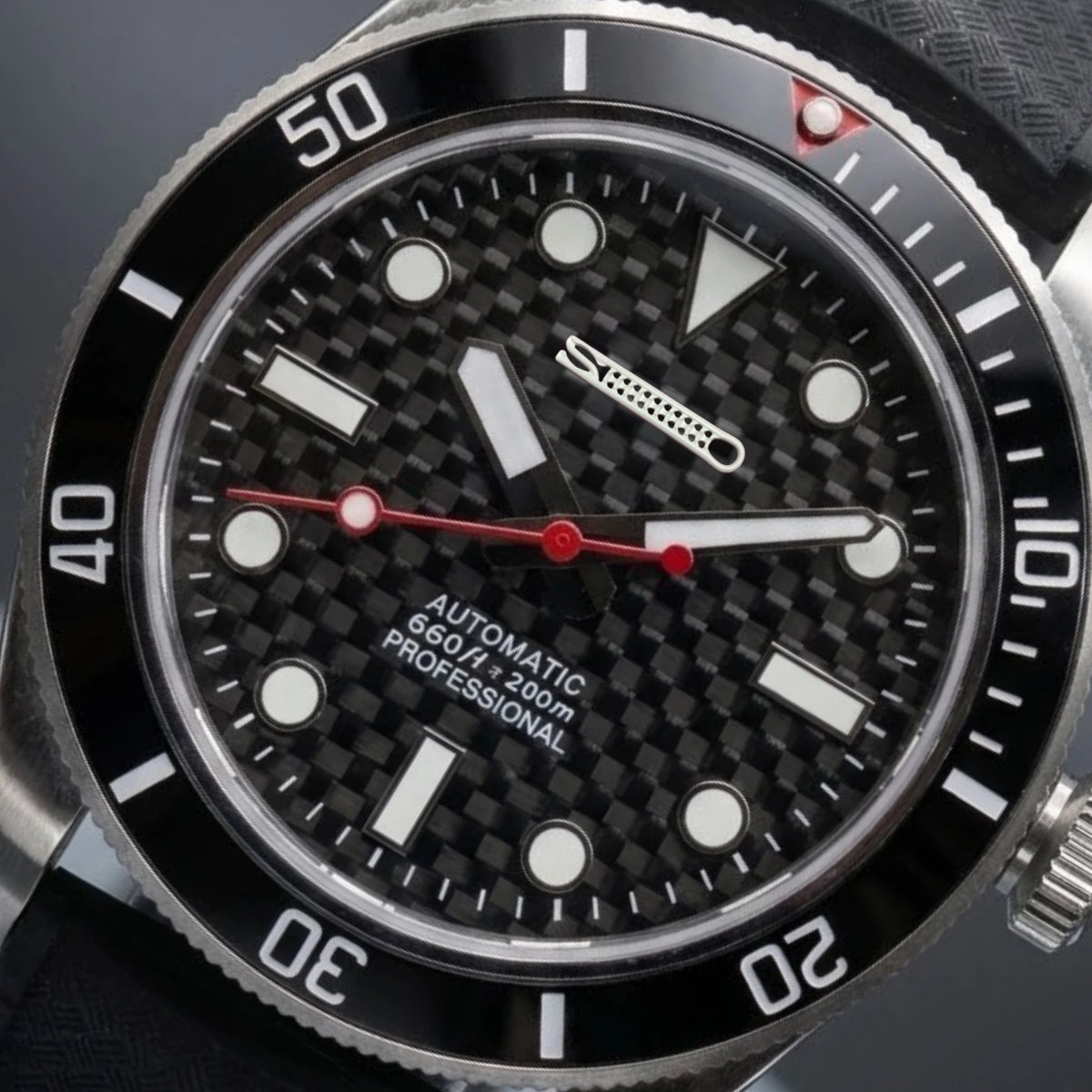 SeikMariner Black 3D Carbon Fiber Diver Vintage Mod Watch - Modtime Creations