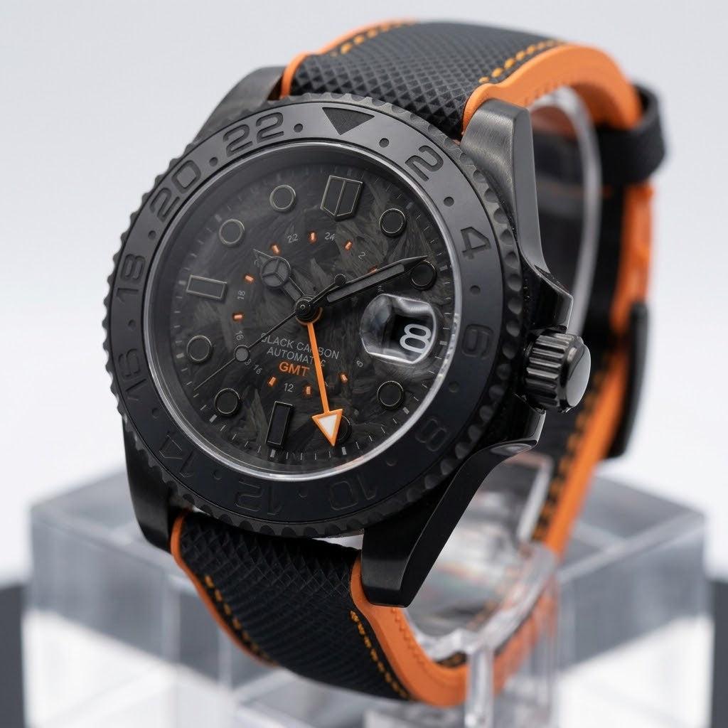 SeikMariner Carbon Fiber Black Orange Stealth GMT Mod Watch - Modtime Creations