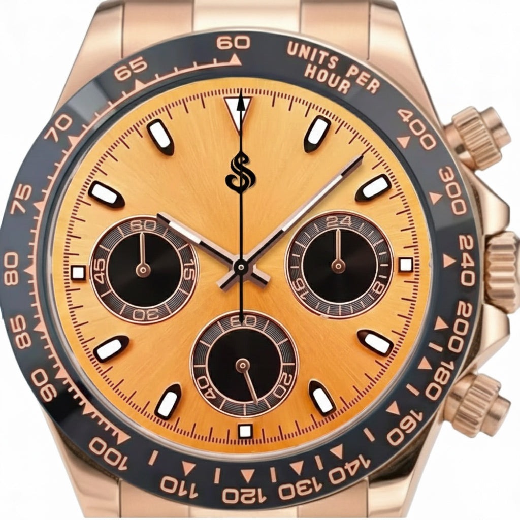 Seitona Rose Gold Seiko Mod luxury chronograph watch with black dial and gold black ceramic bezel