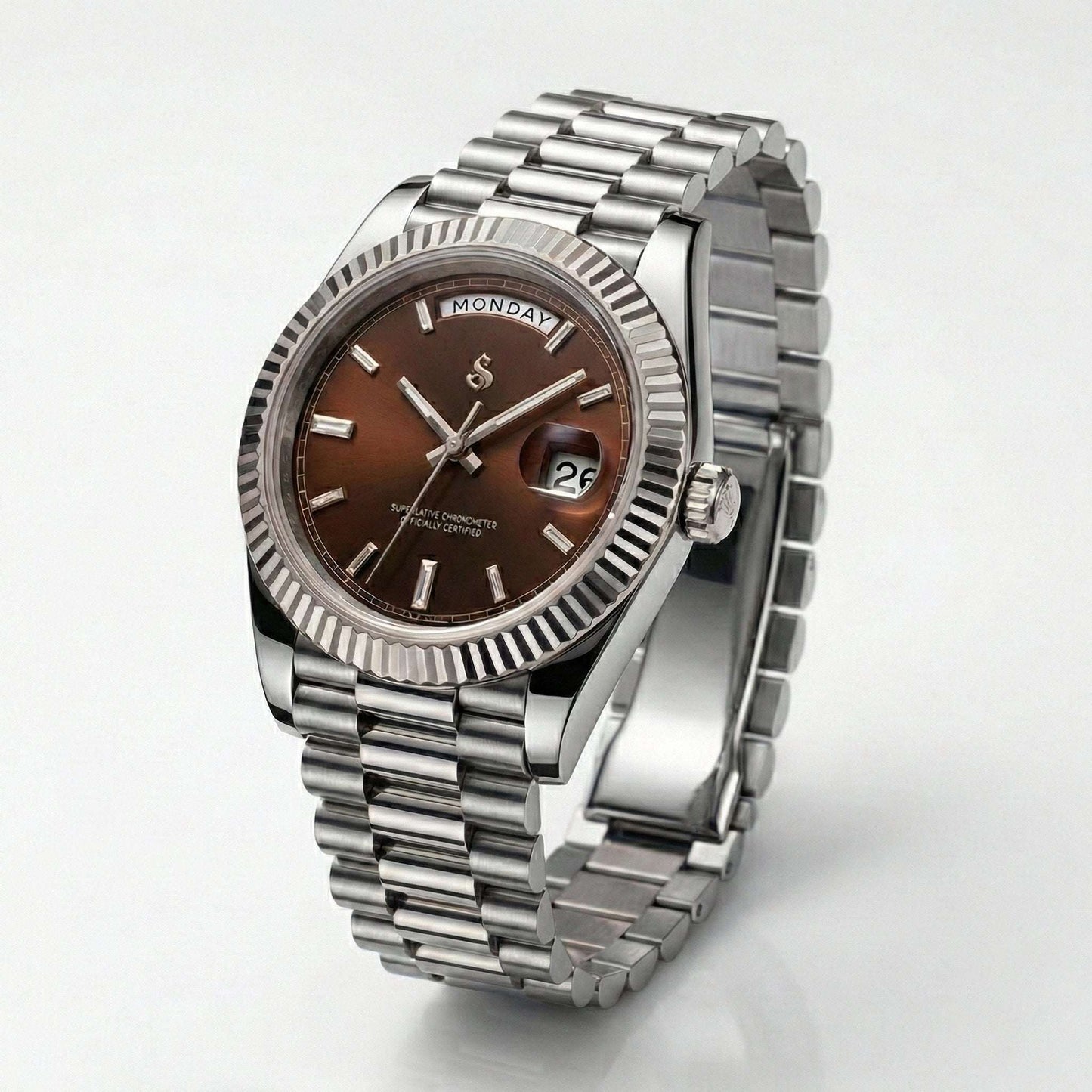Modded Seiko watch with day and date chocolate dial from Modtime Creations Silver Mod Series