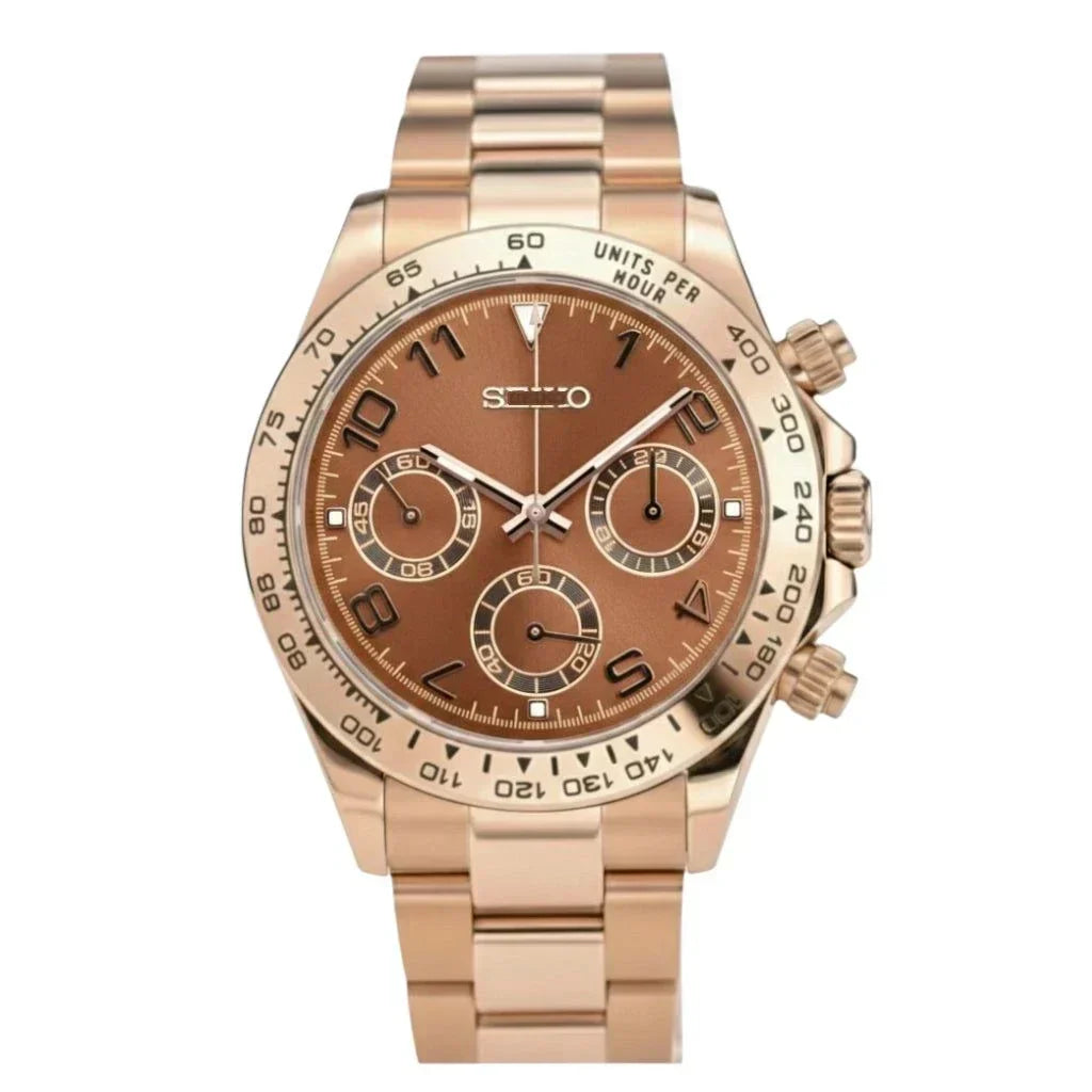 Seitona Rose Gold Seiko Mod chronograph watch with chocolate bronze dial and stainless steel bracelet