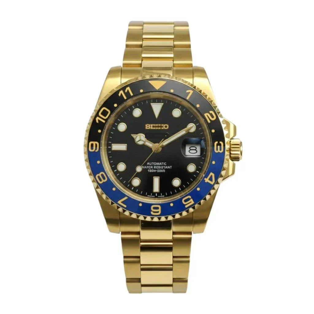 Seikmariner Gold Batman Seiko Mod diver watch with black and blue bezel, sapphire crystal, 40mm stainless steel case, NH35 automatic movement by Modtime Creations