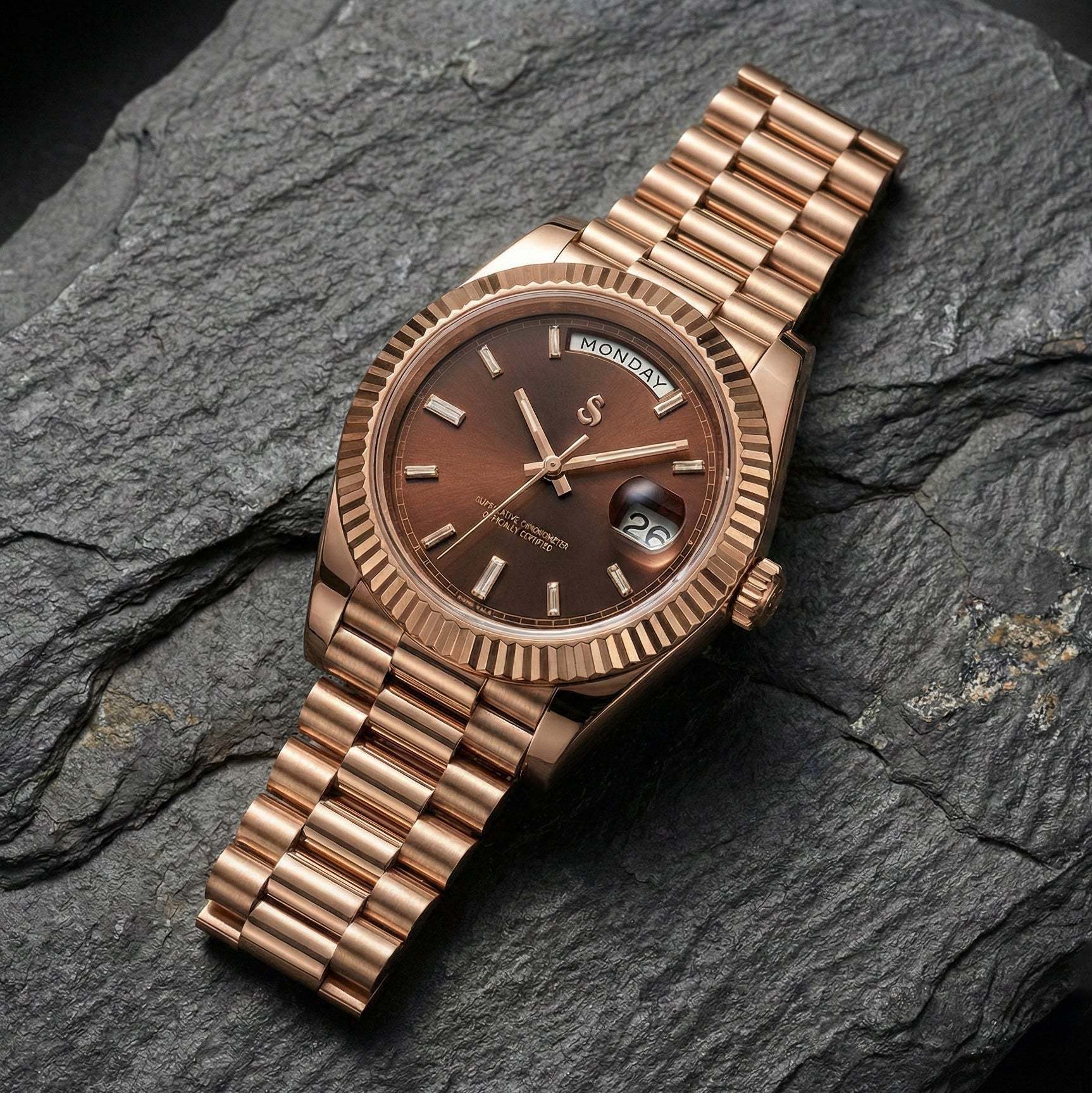 Modded Seiko luxury rose gold watch with chocolate dial and day-date display by Modtime