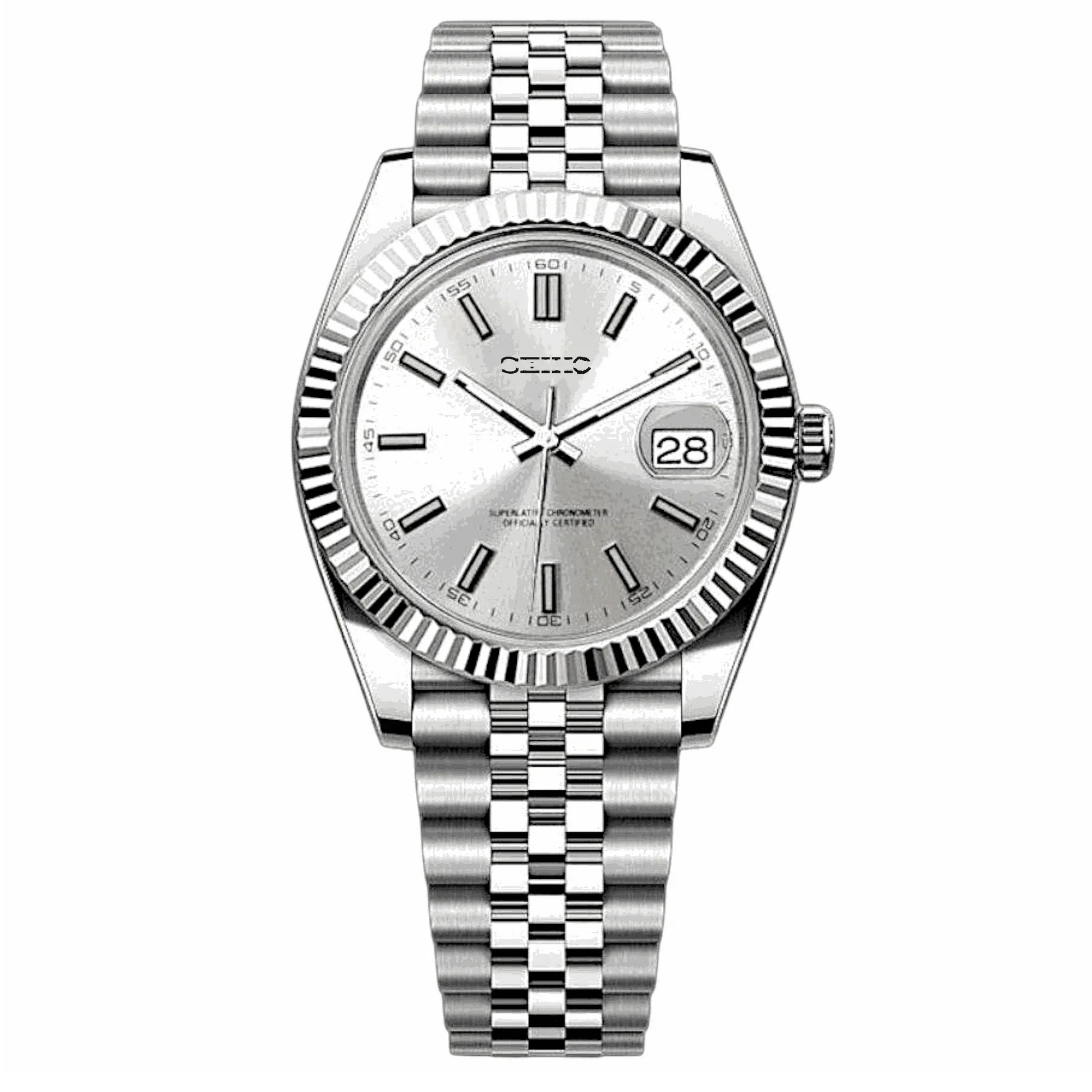 SeikJust Date Window Silver White Dial Seiko Mod watch with NH35 automatic movement and sapphire crystal