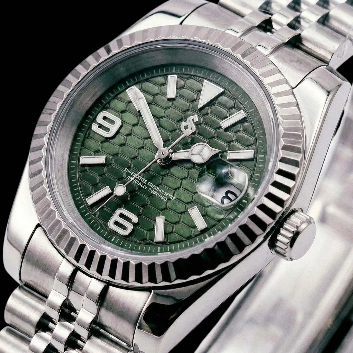 Seiko Modtime Creations luxury watch with silver green dial and date window