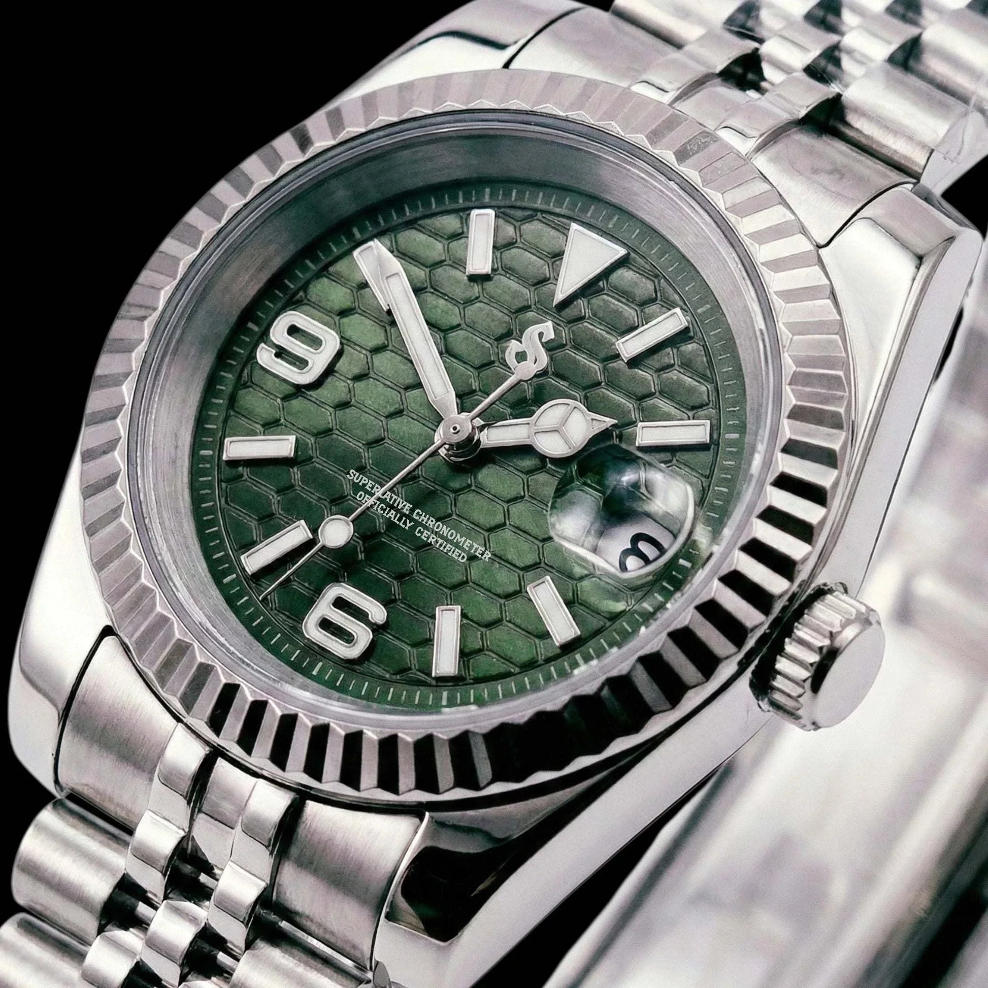 Seiko Modtime Creations luxury watch with silver green dial and date window