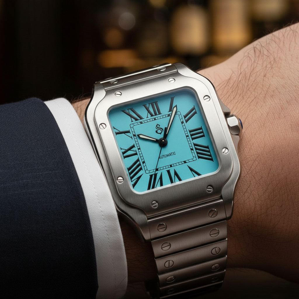 Santeiko Silver Case Tiff Blue Seiko Mod luxury watch with classic dial and stainless steel bracelet