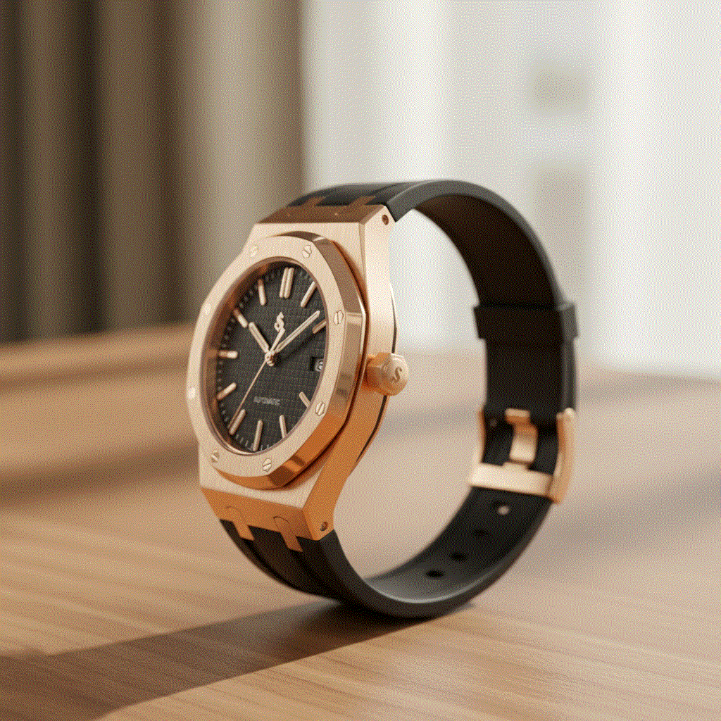 Seiko mod Heritage Oak rose gold watch with black dial and sapphire crystal