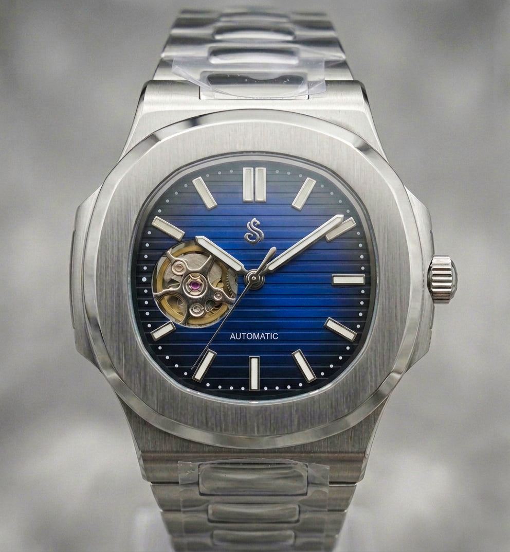 Seiko Mod Watches Nautilus Blue Open-Heart Dial - Modtime Creations 