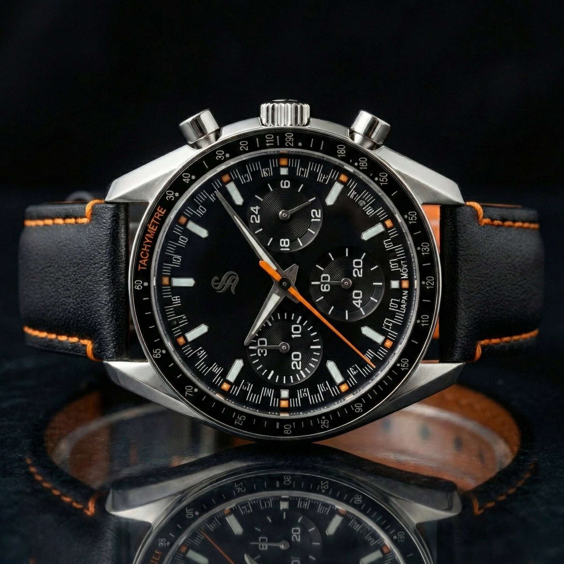 SeikSpeed Chronograph black orange Seiko mod watch with VK63 hybrid movement and stainless steel case