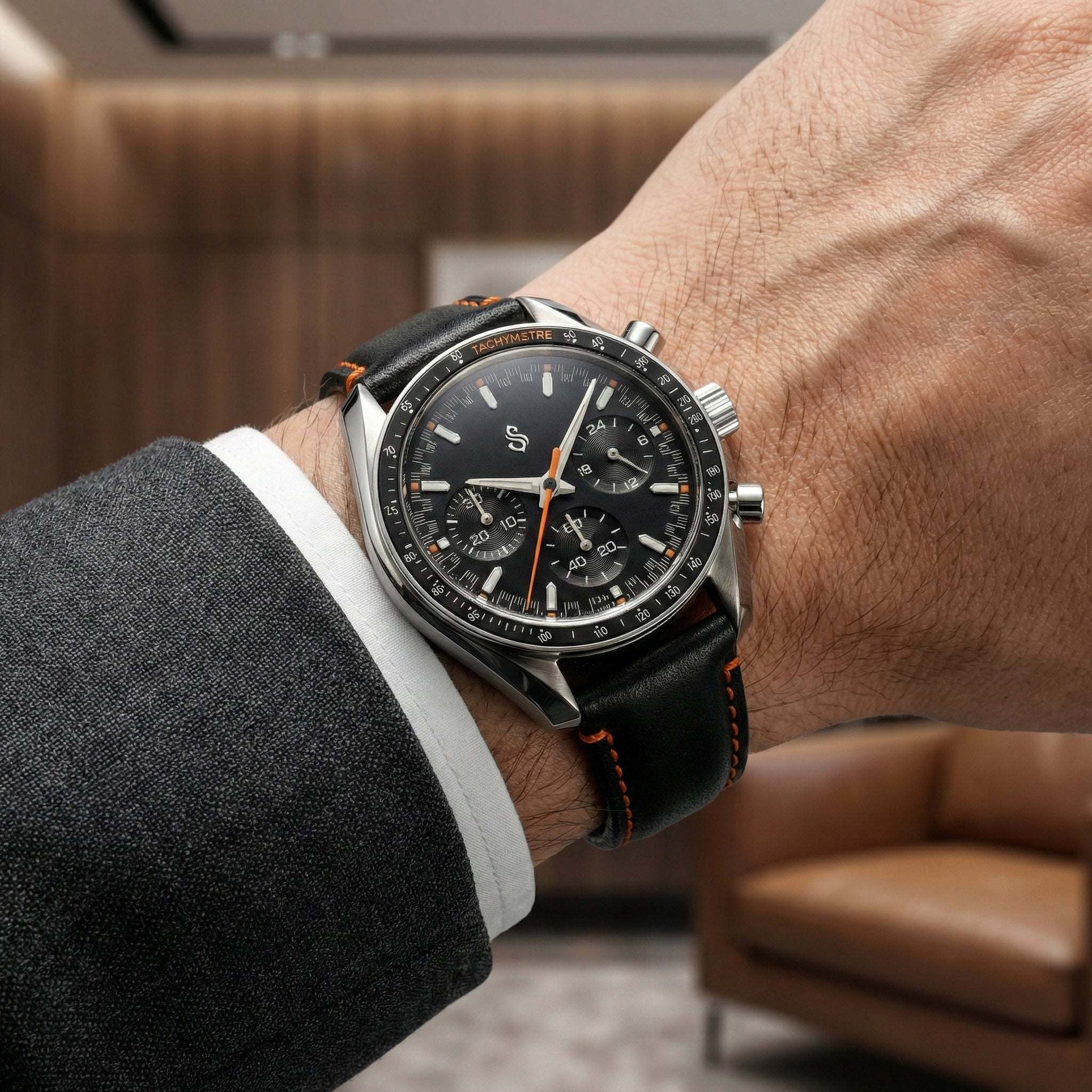 SeikSpeed Chronograph black orange dial Seiko mod watch with VK63 hybrid movement and stainless steel case