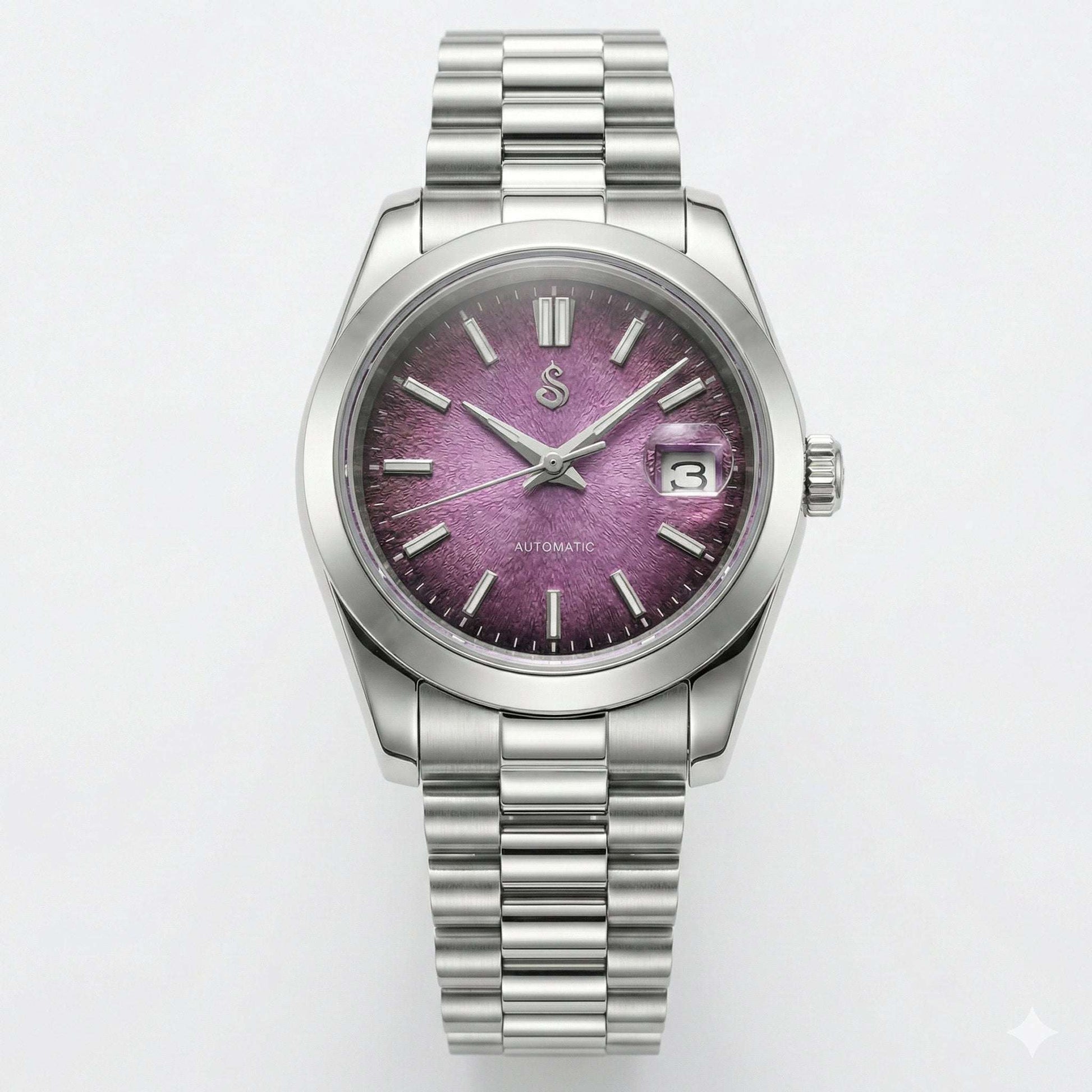 Seiko MOD watch with textured grand purple dial and date window by Modtime Creations