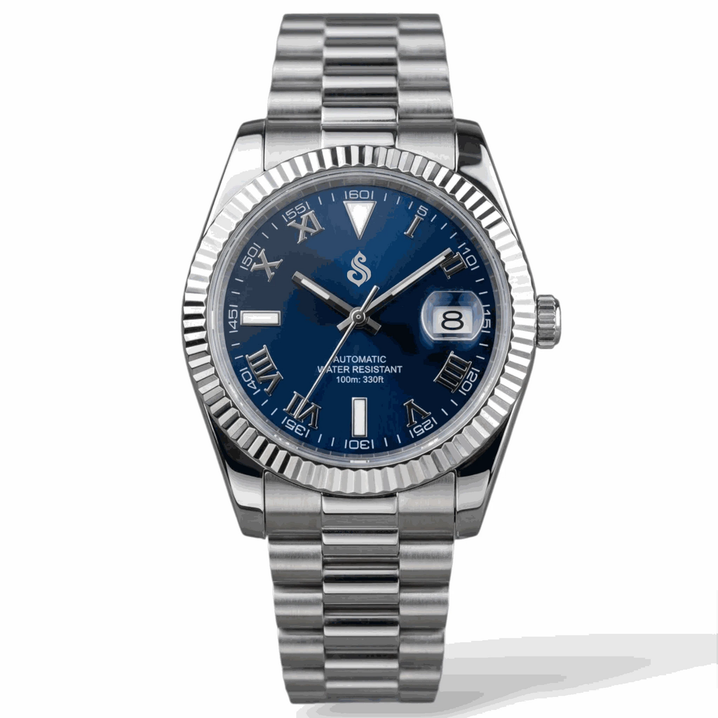 SeikJust Date Window Blue Roman Numeral Dial Mod Watch - Modtime Creations