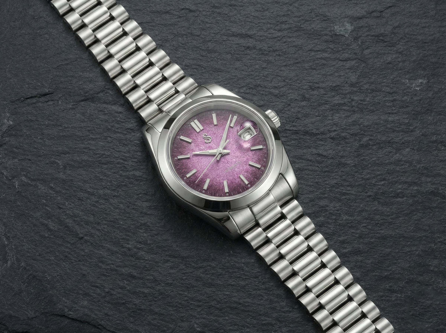 Seiko MOD watch with textured grand purple dial and date window by Modtime Creations