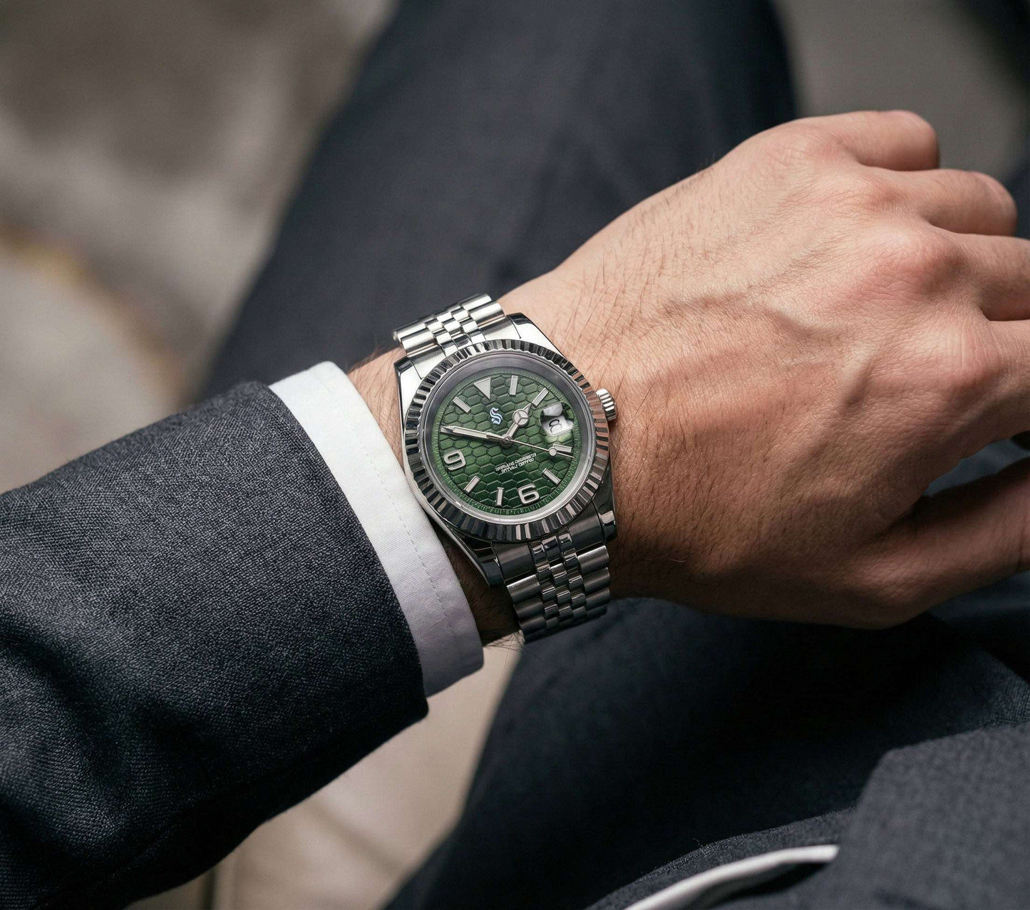 Seiko Modtime Creations silver green dial watch with date window and NH35 automatic movement