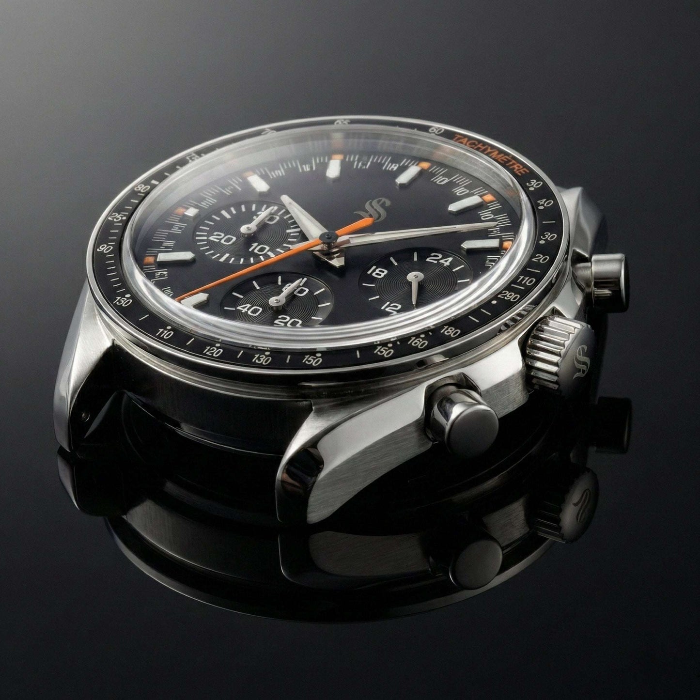 SeikSpeed Chronograph black orange Seiko mod watch with VK63 hybrid movement and stainless steel case