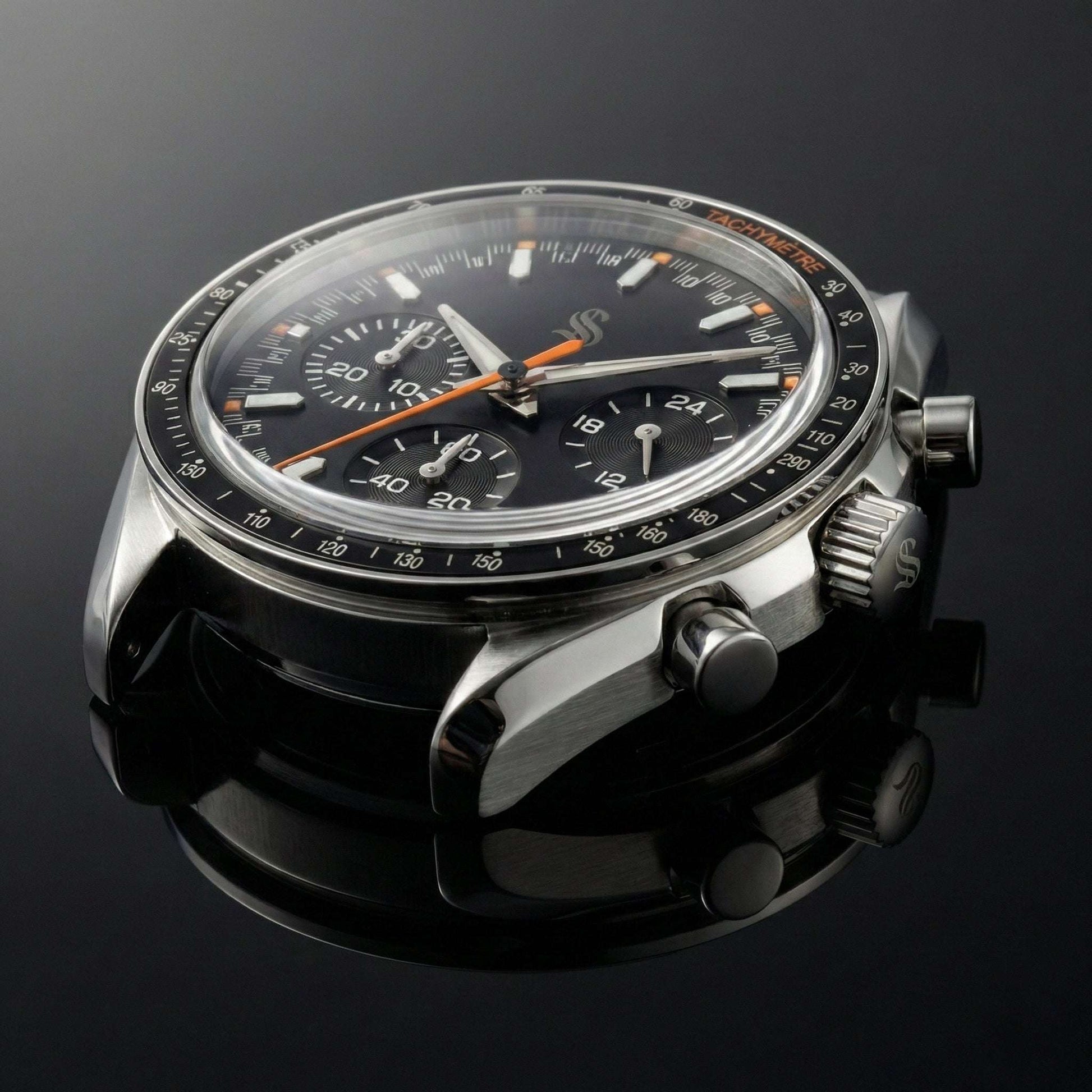 SeikSpeed Chronograph black orange Seiko mod watch with VK63 hybrid movement and stainless steel case