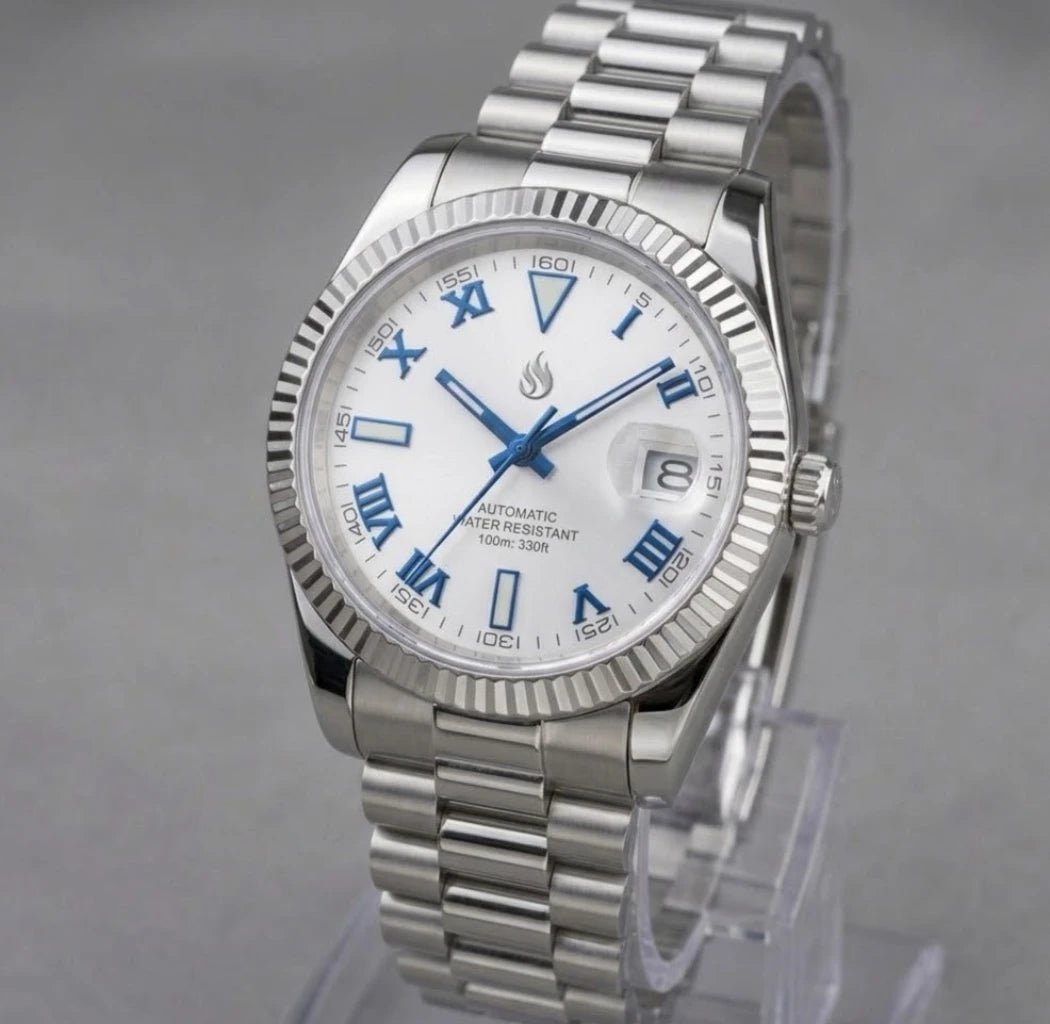 SeikJust Date Window White Blue Roman Numeral Dial Mod Watch - Modtime Creations
