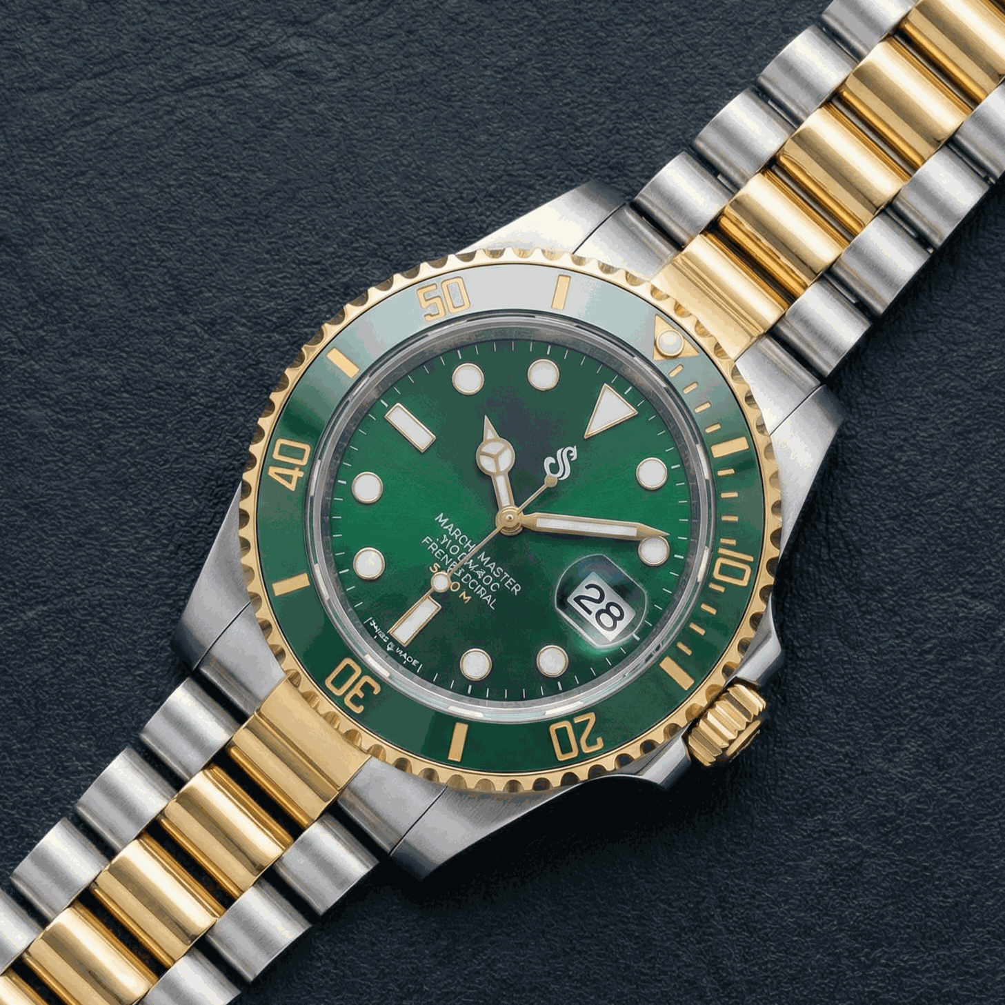 Seikmariner Two-Tone Green Gold Seiko Mod luxury diver watch with NH35 automatic movement and sapphire crystal