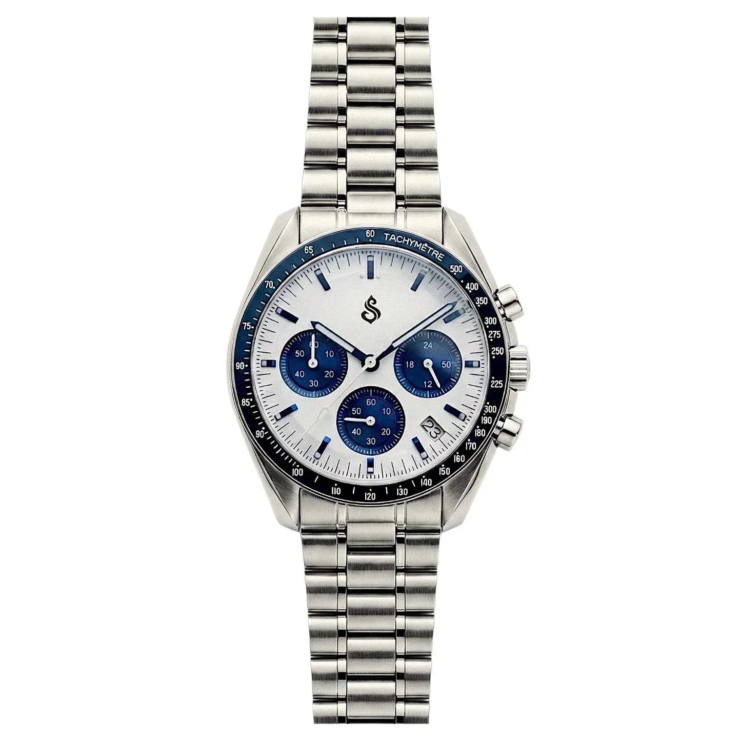 SeikSpeed Chronograph watch with white and blue dial, 41mm stainless steel case, VK63 hybrid movement, and luxury Seiko Mod design