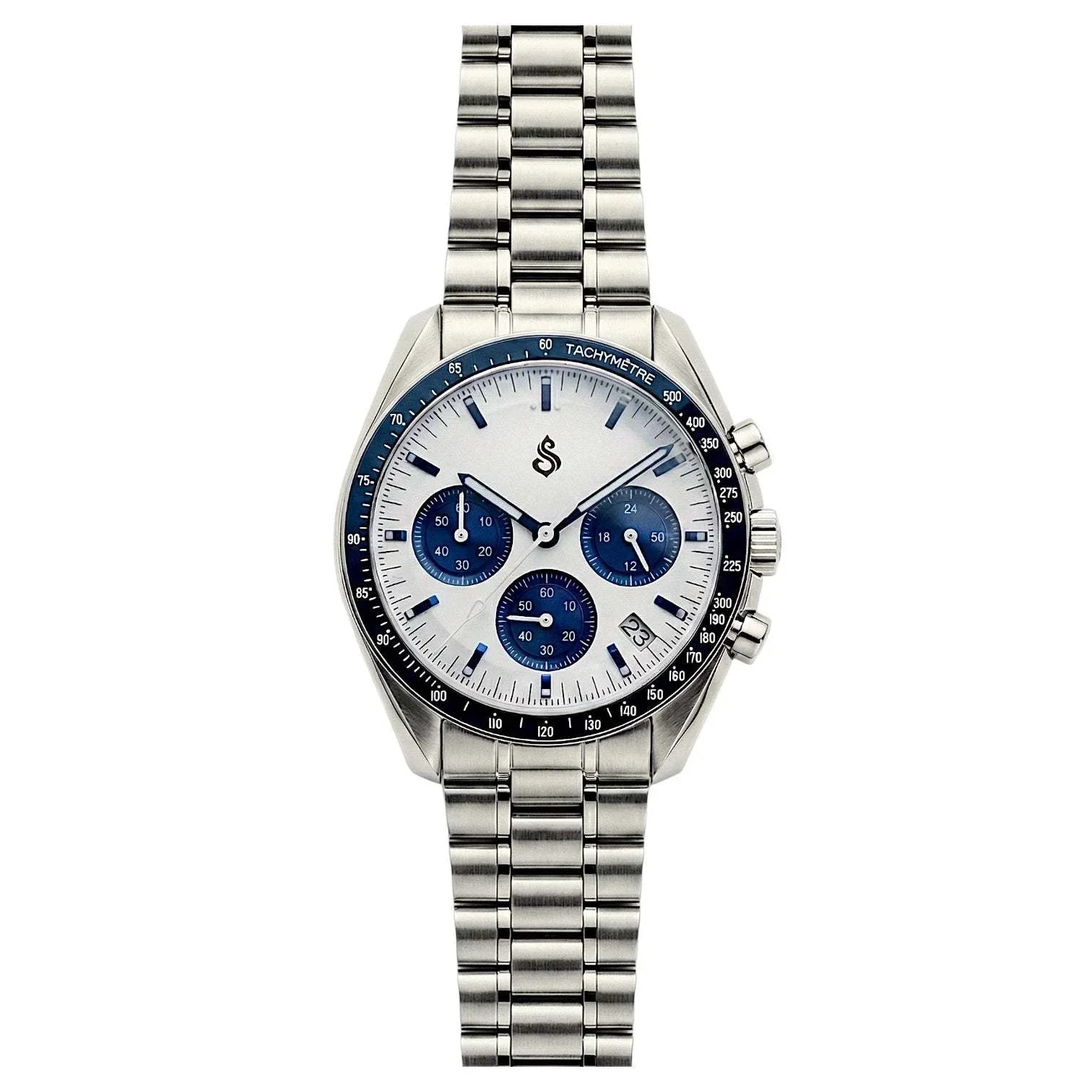 SeikSpeed Chronograph watch with white and blue dial, 41mm stainless steel case, VK63 hybrid movement, and luxury Seiko Mod design