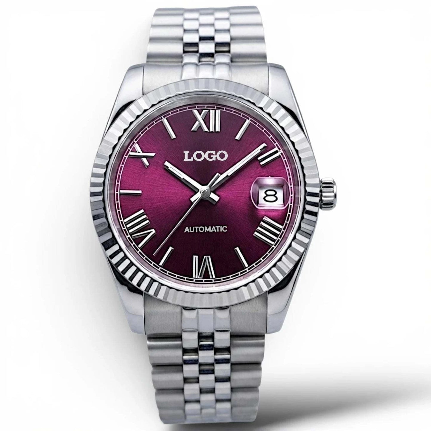 Seiko mod watches datejust "Fuchsia" Purple Dial Fluted Bezel with jubilee-style bracelet at Modtime Creations 