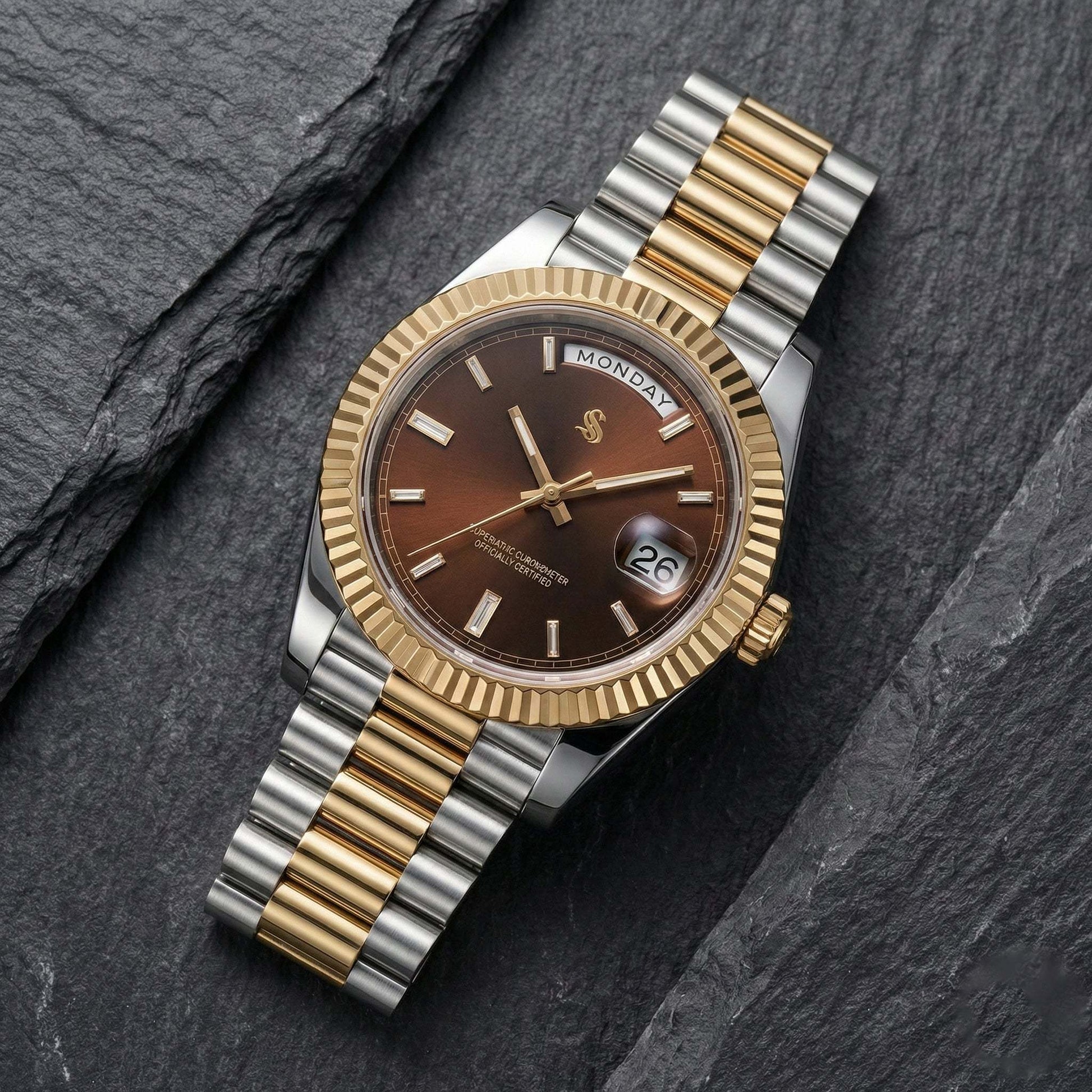 Seiko Modtime Day and Date watch with two-tone chocolate dial and stainless steel case