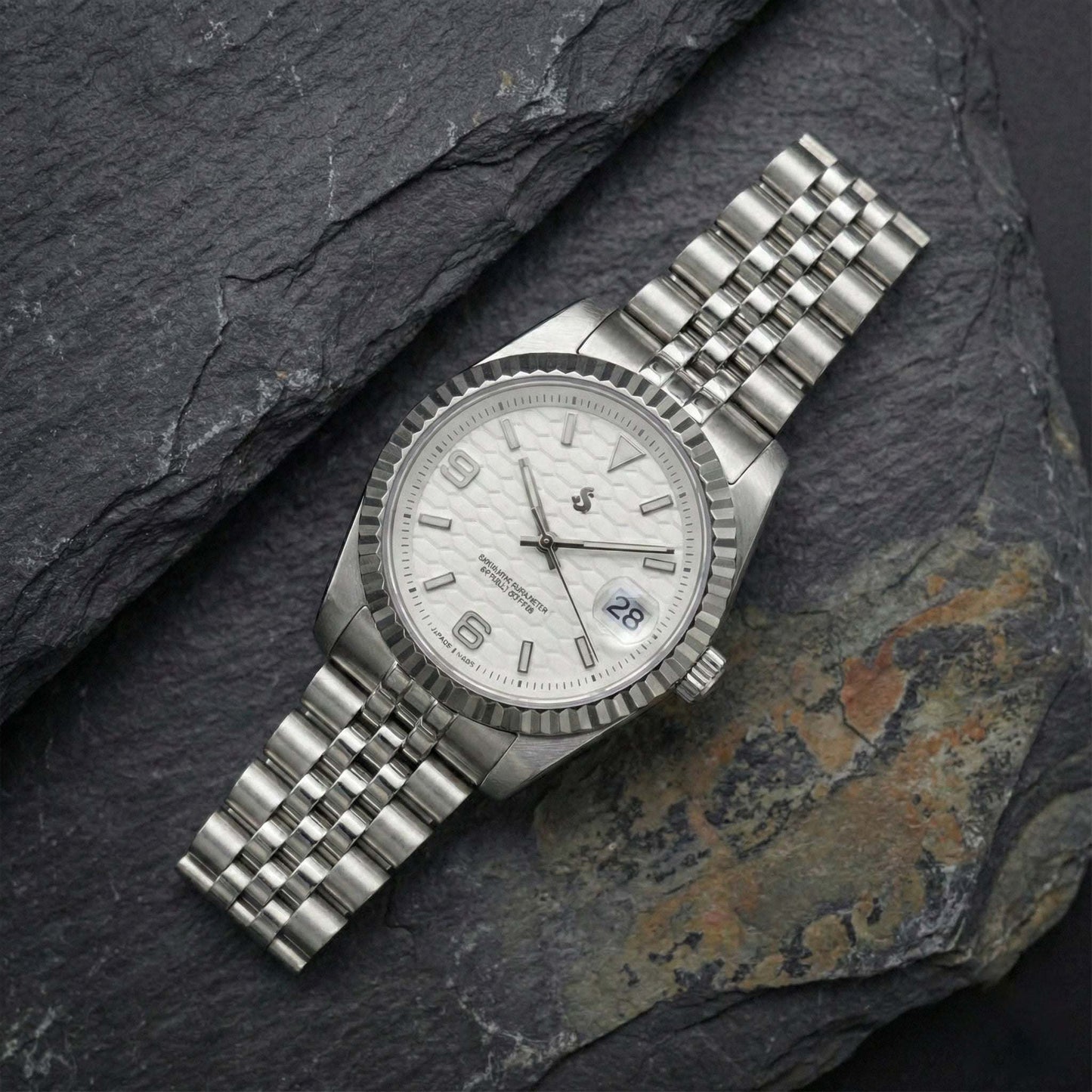 Seiko Mod luxury watch with white dial and date window by Modtime Creations