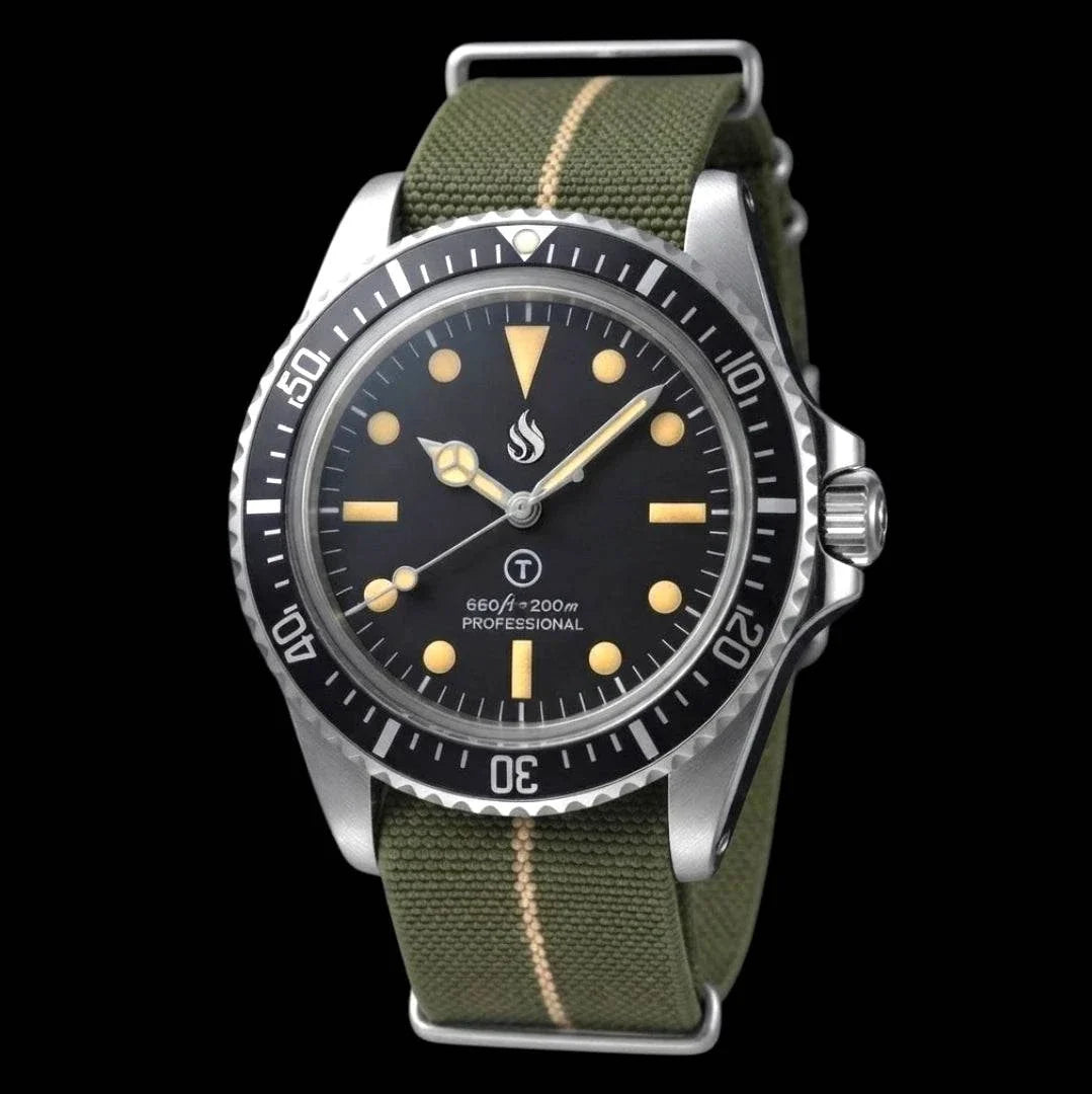 Seiko Mod Submariner Vintage Black Dial Watch with nato strap or stainless steel bracelet by Modtime Creations 