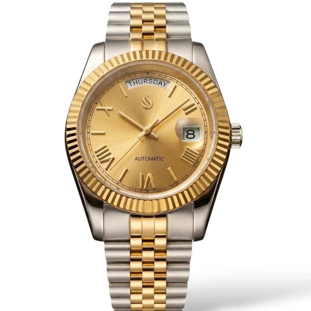 DayDate gold Roman numerals dial Seiko Mod watch by Modtime Creations with two-tone stainless steel case and Miyota 8285 automatic movement